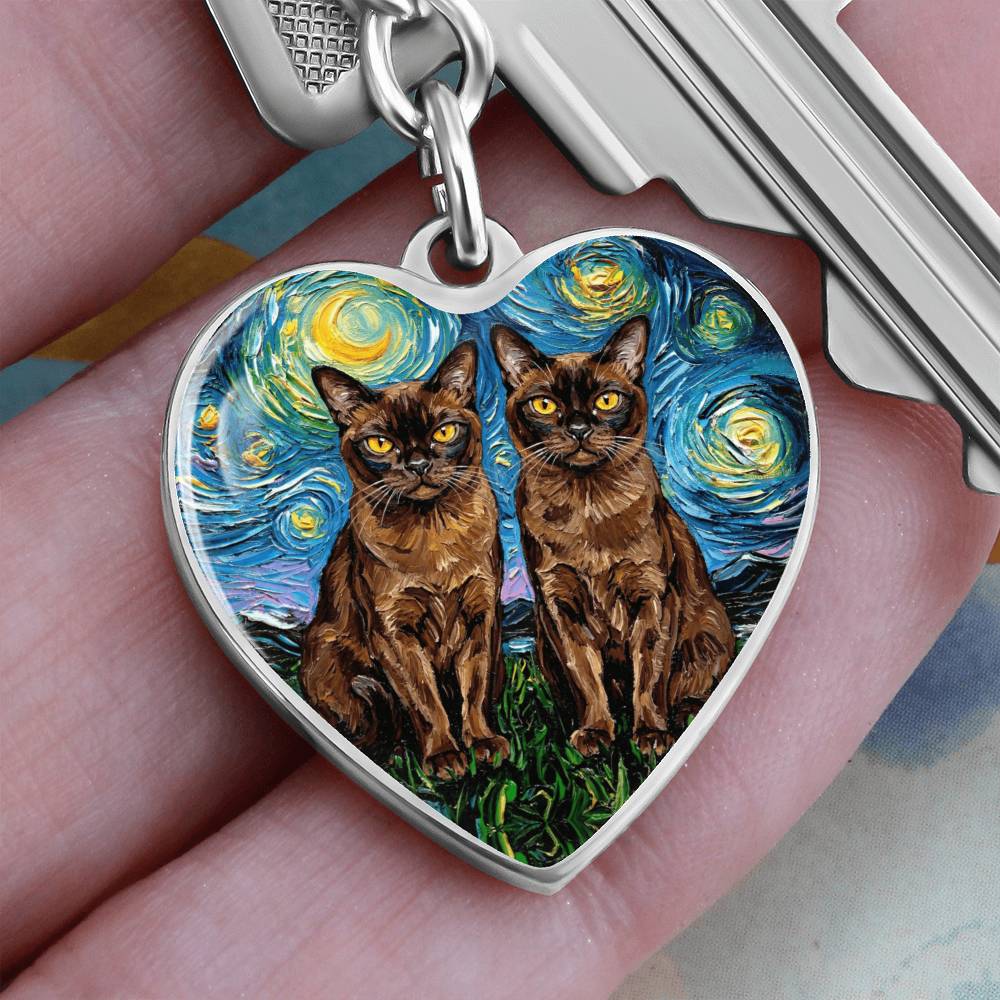 Burnese Cat Night Heart Keychain
