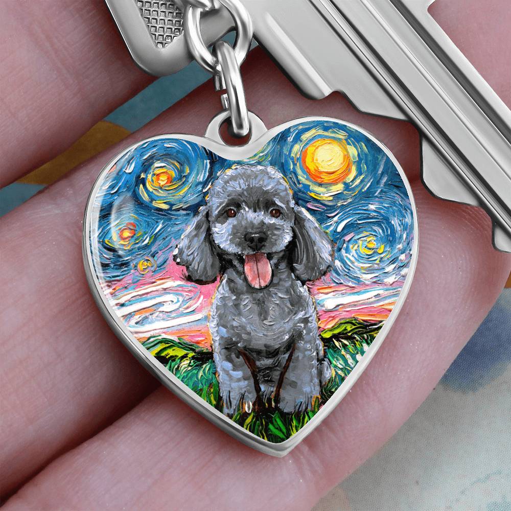 Silver Poodle Starry Night Heart Keychain