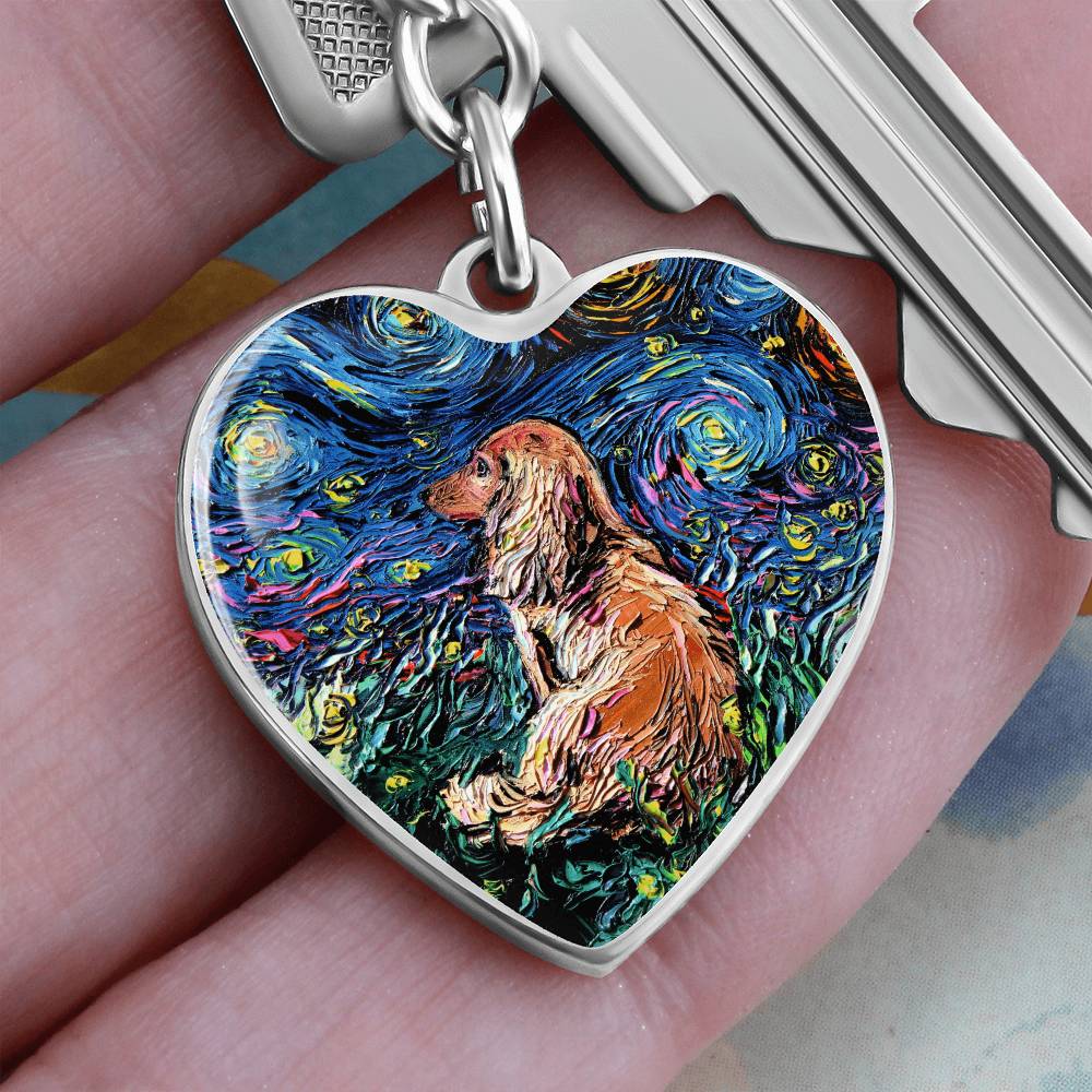 Long Hair Brown Dachshund Starry Night Heart Keychain