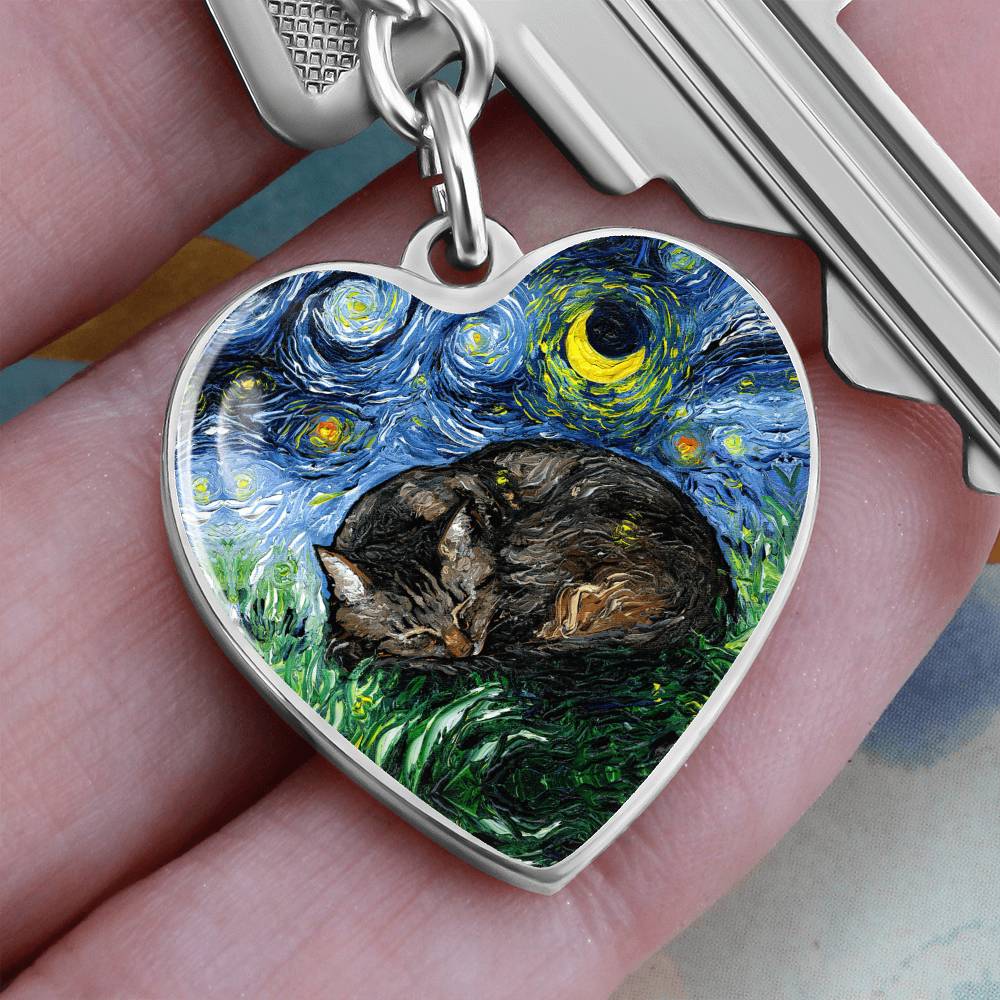 Sleeping Brown Tabby Cat Starry Night Heart Keychain