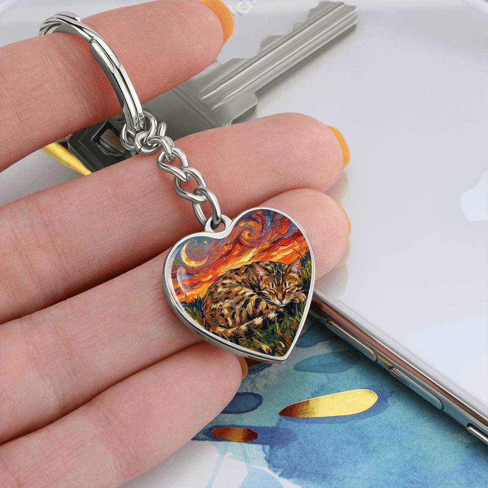 Sleepy Egyptian Mau Night Heart Keychain