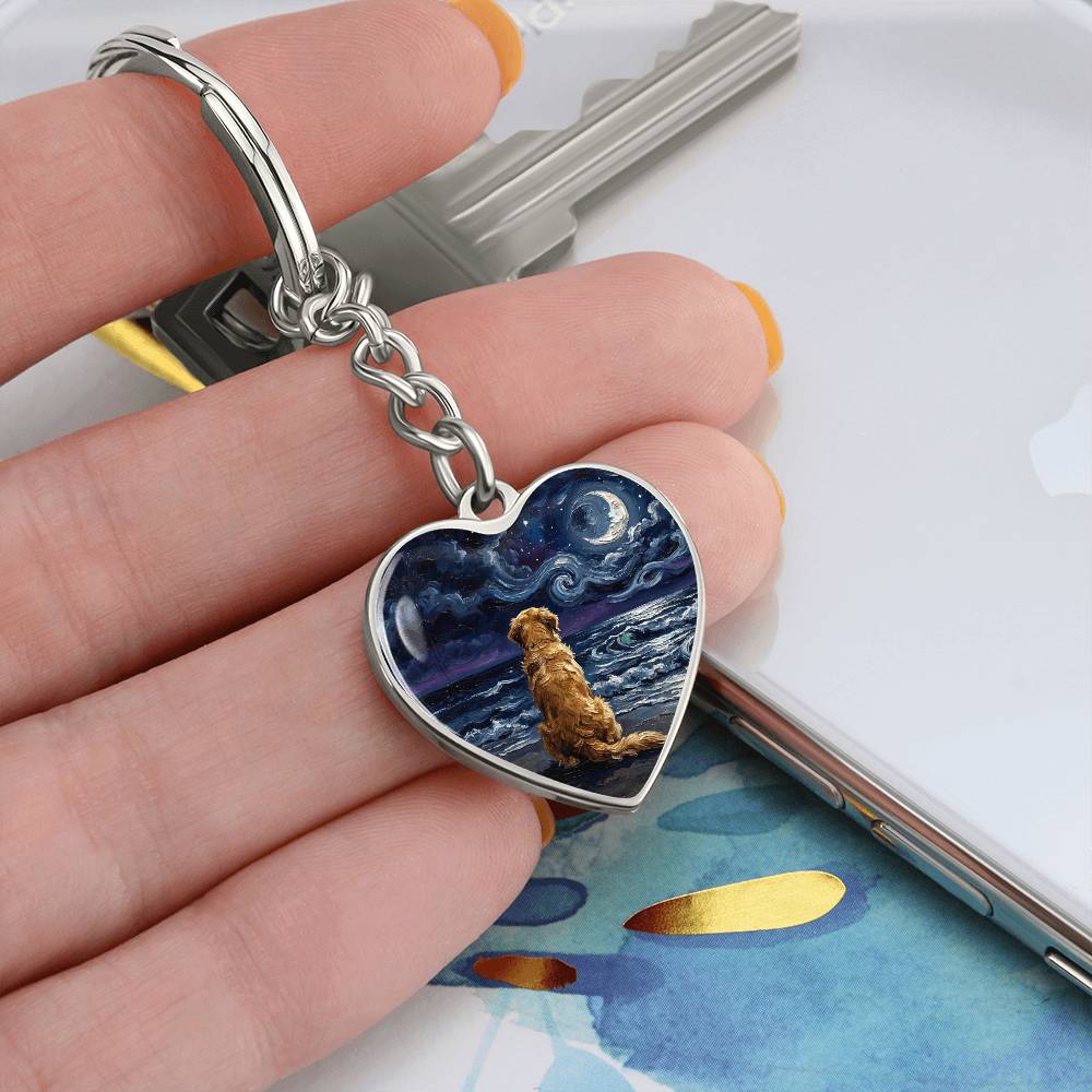 Beach Night - Golden Retriever Heart Keychain