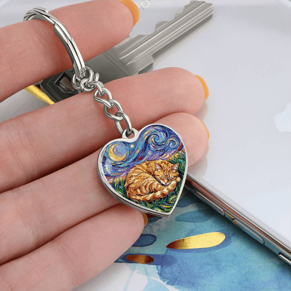 Sleepy Orange Tabby Night Heart Keychain