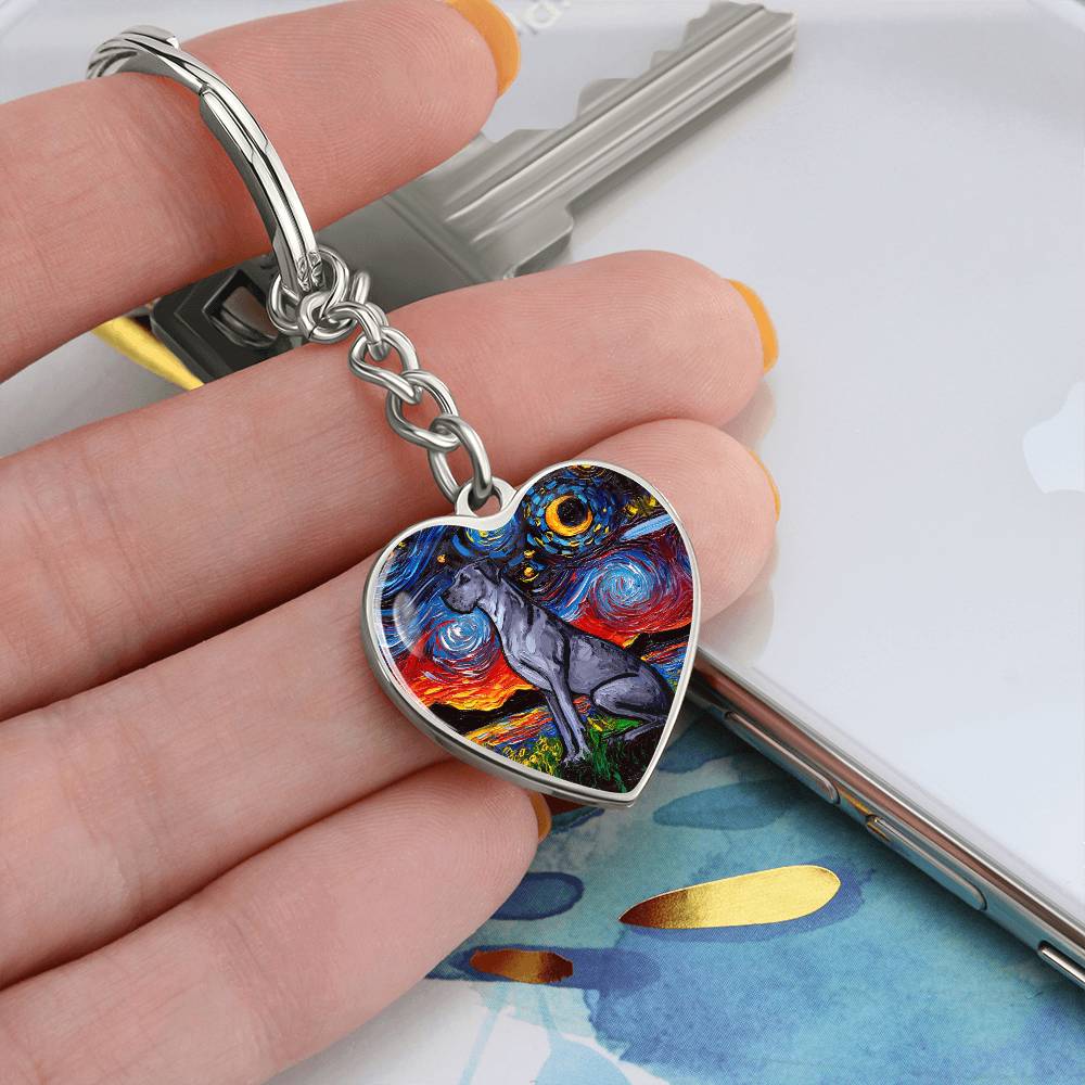 Blue Great Dane Starry Night Heart Keychain