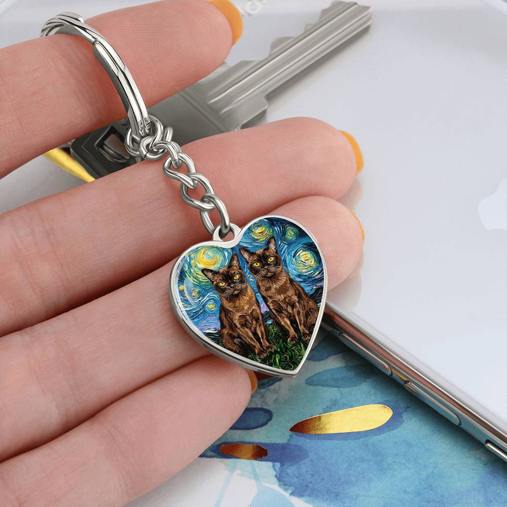 Burnese Cat Night Heart Keychain