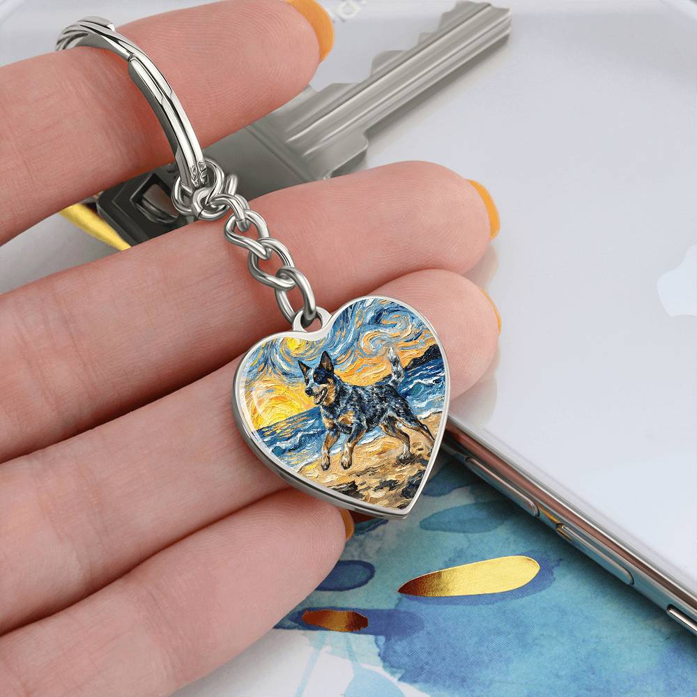 Frolicking Blue Heeler at the Beach Heart Keychain