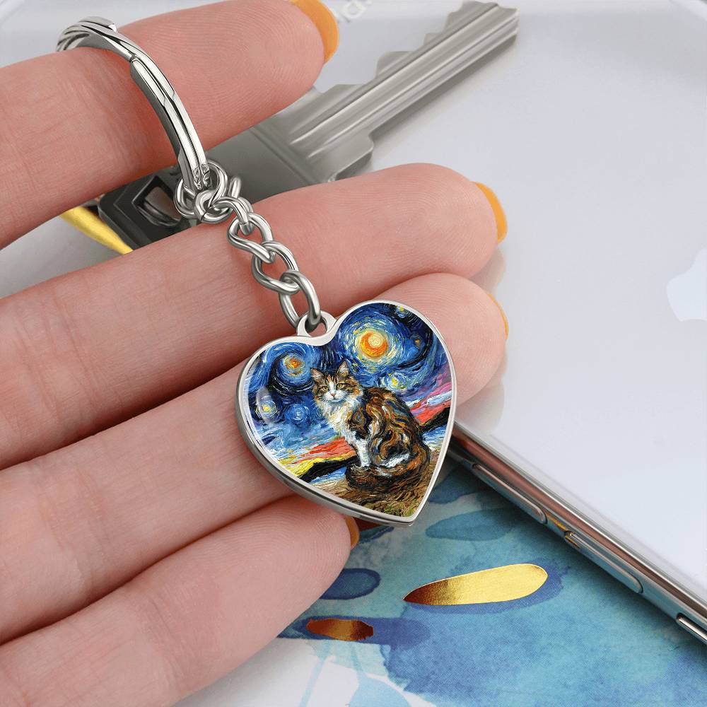 Calico Cat 2 Starry Night Heart Keychain
