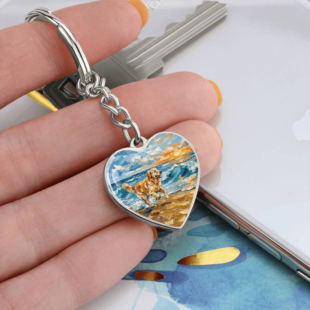 Frolicking Golden Retriever Heart Keychain