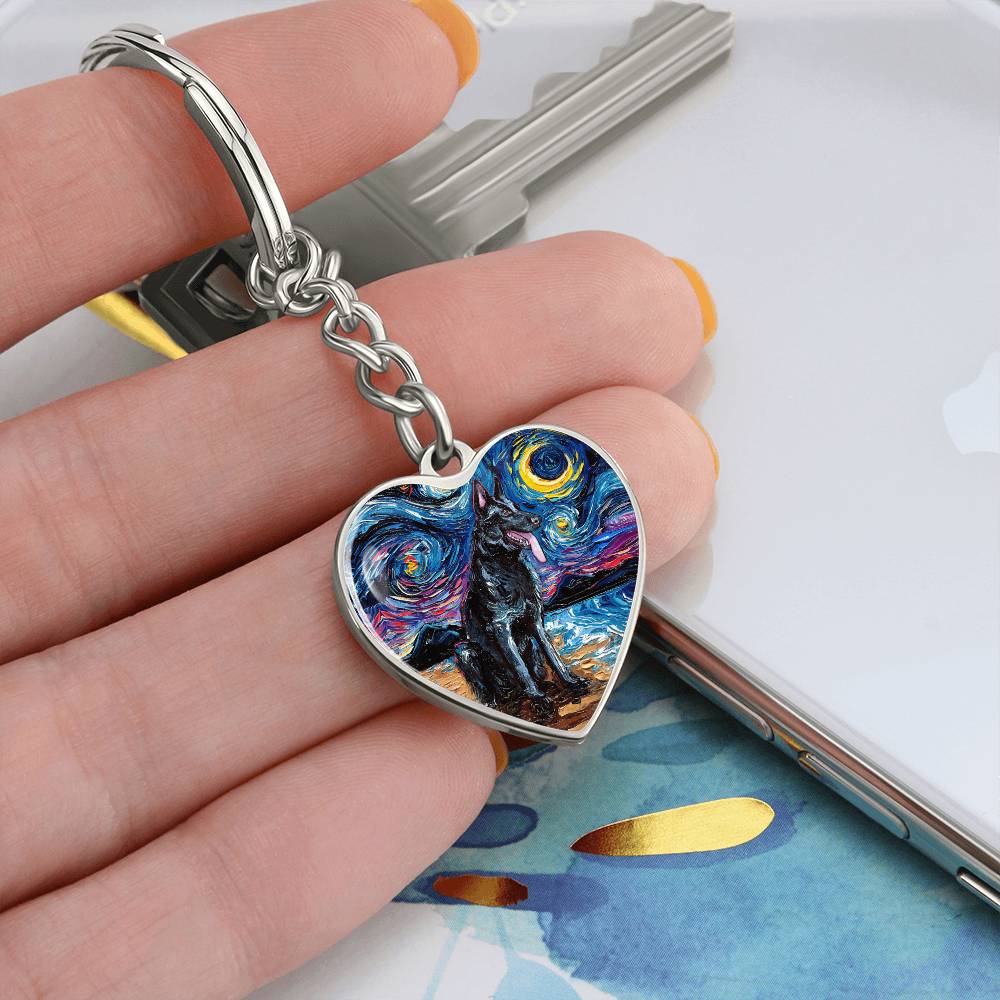 Black German Shepherd Starry Night Heart Keychain