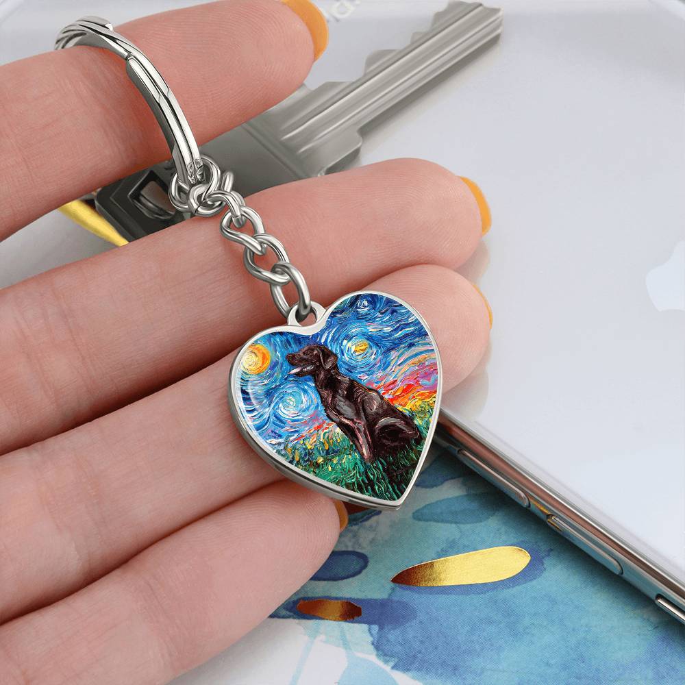 Chocolate Labrador Starry Night Heart Keychain