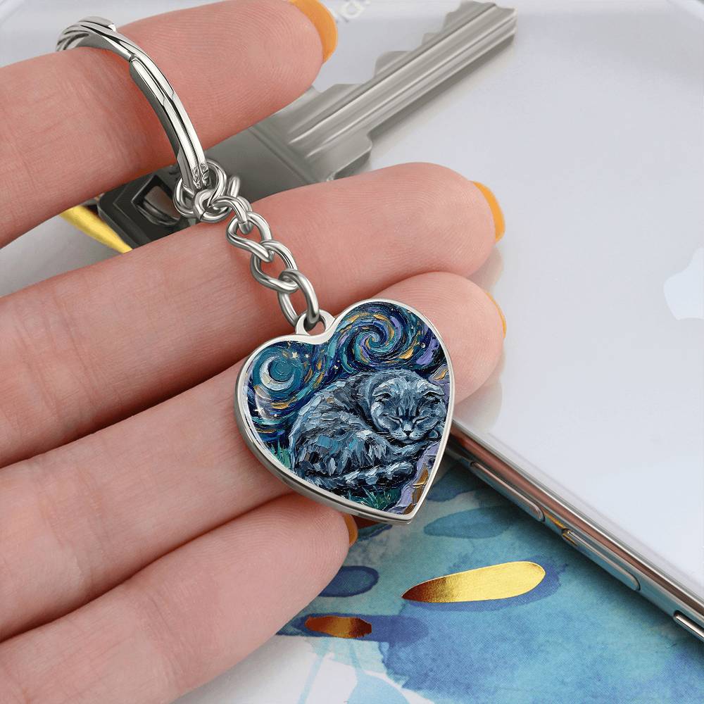 Sleepy Scottish Fold Night Heart Keychain