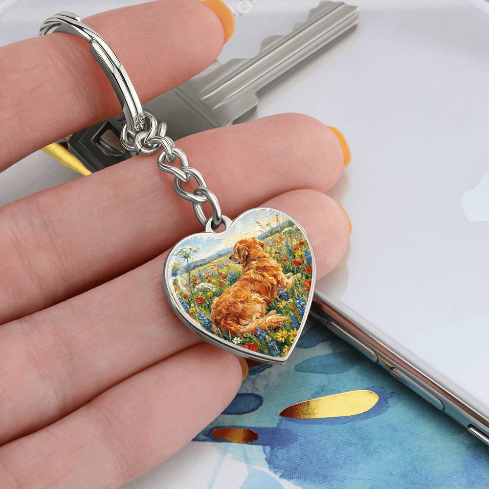 Amongst The Flowers - Golden Retriever Heart Keychain
