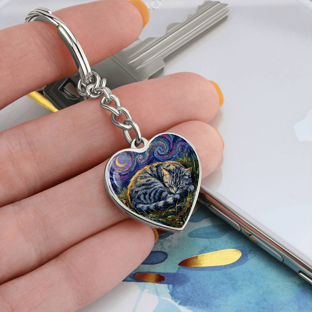 Sleepy American Shorthair Tabby Heart Keychain