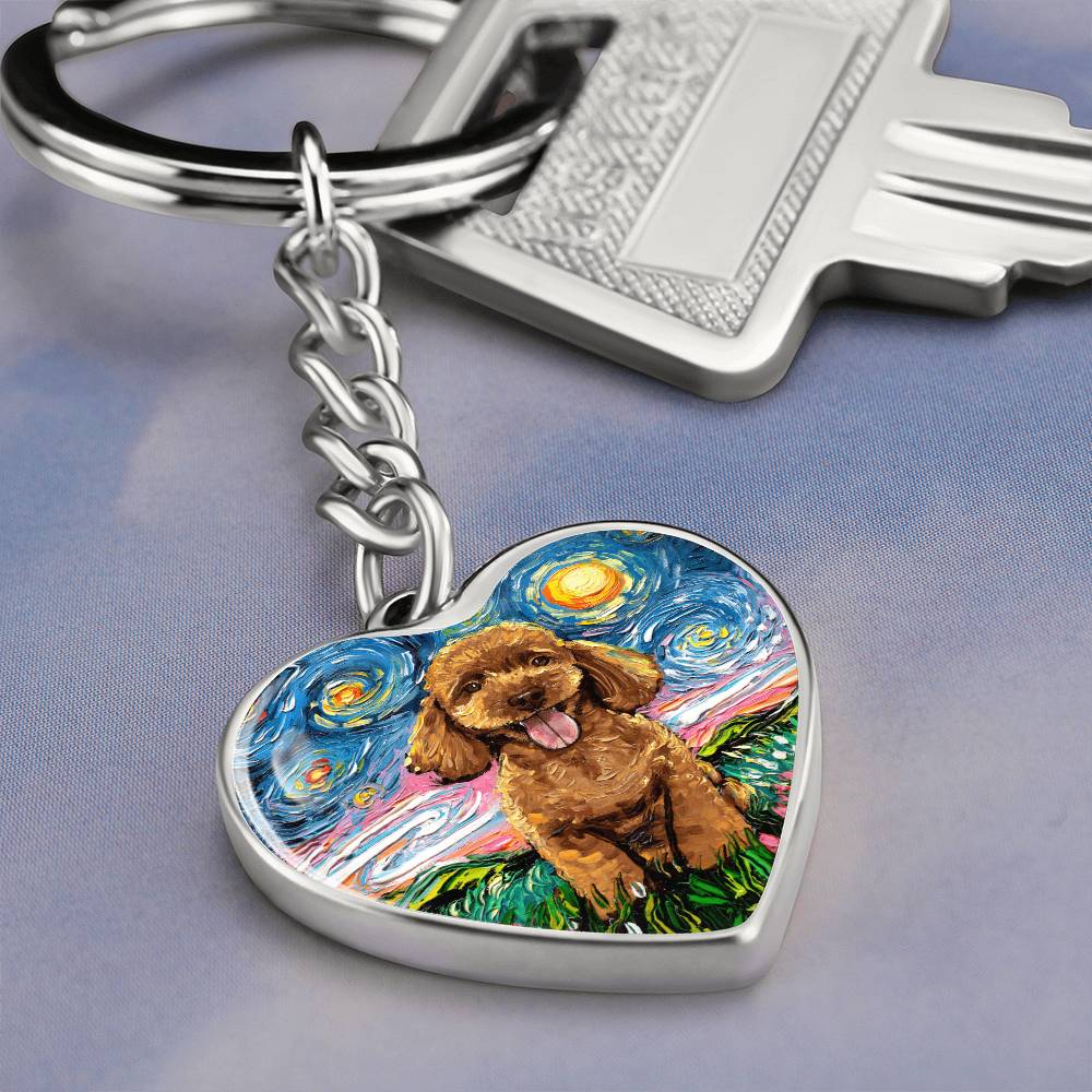 Apricot Poodle Puppy Starry Night Heart Keychain