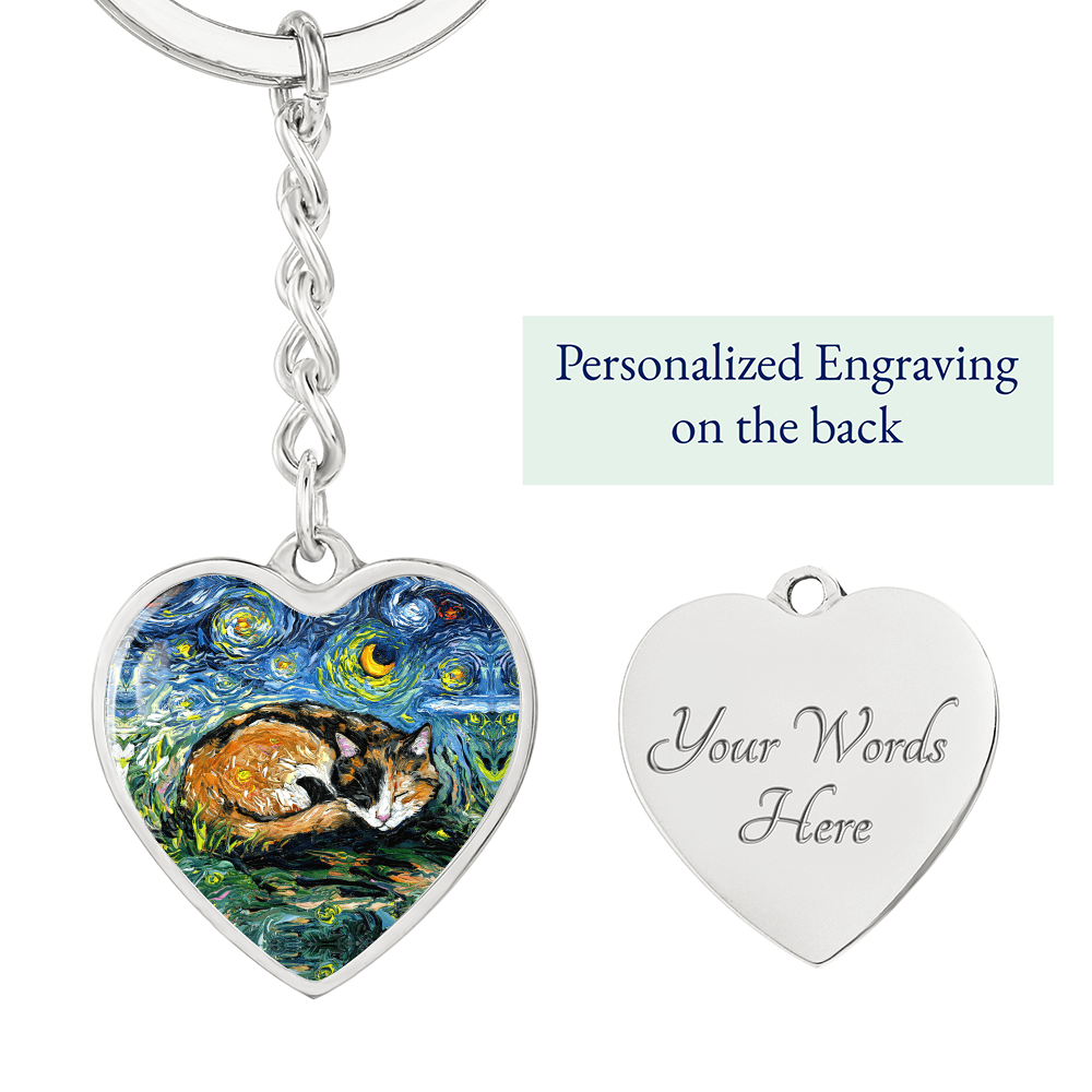 Sleeping Calico Cat Starry Night Heart Keychain