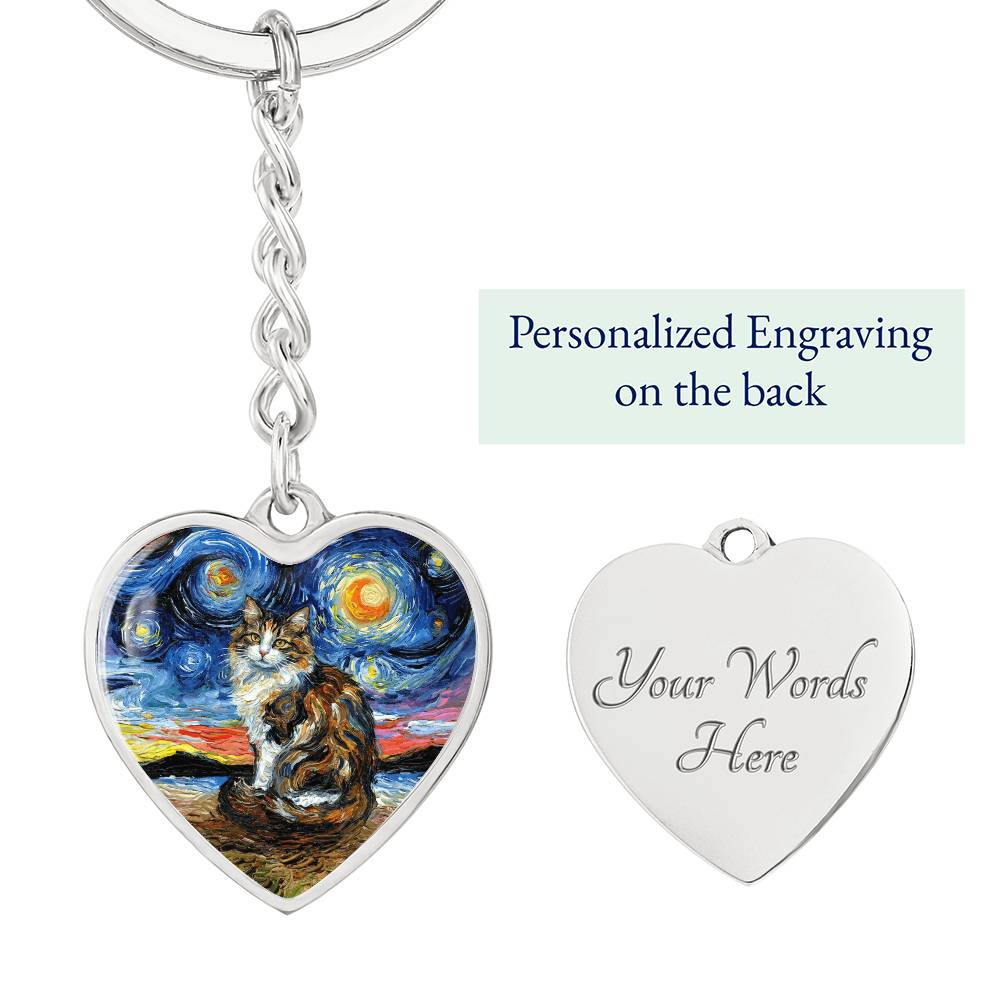 Calico Cat 2 Starry Night Heart Keychain