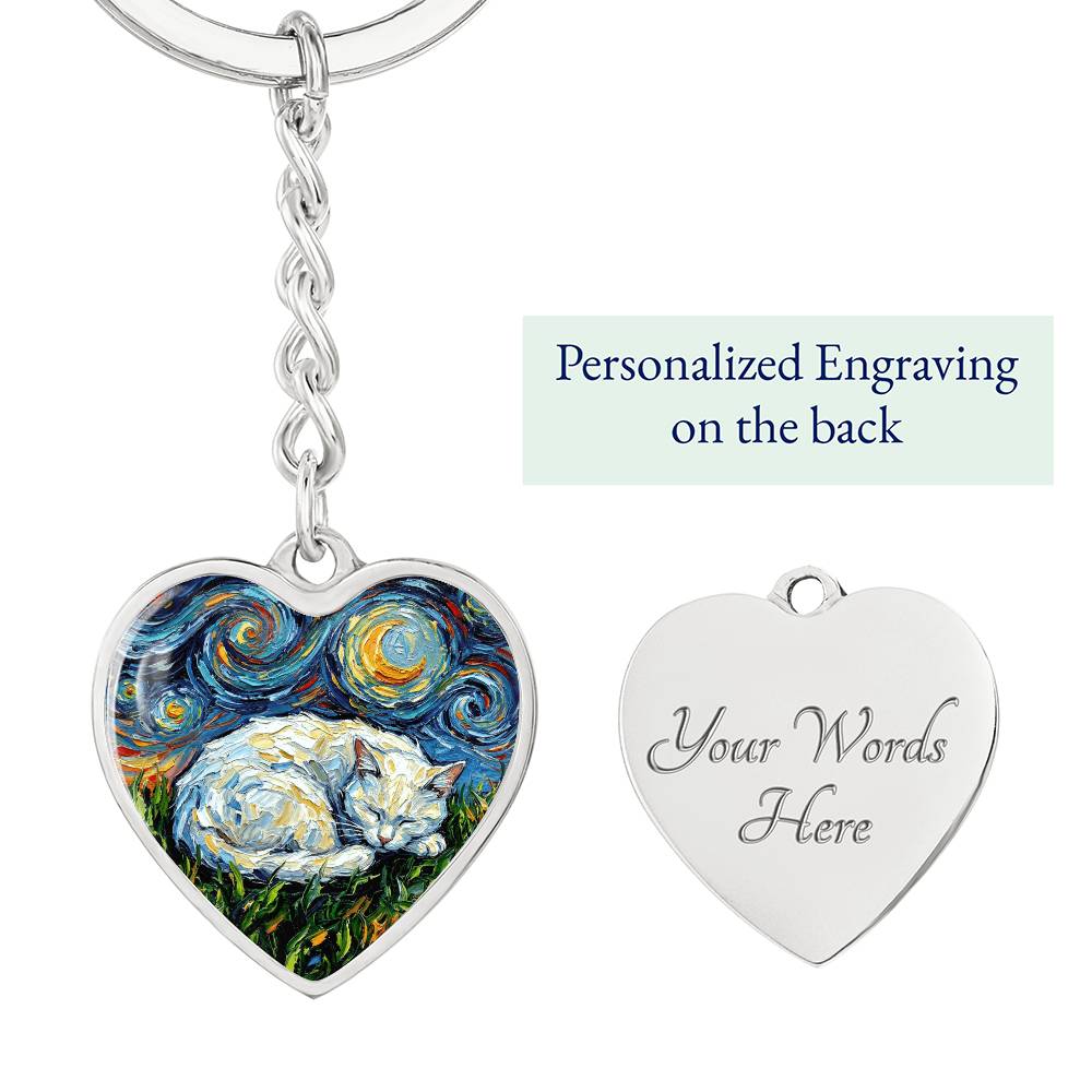 Sleepy White Cat Night Heart Keychain