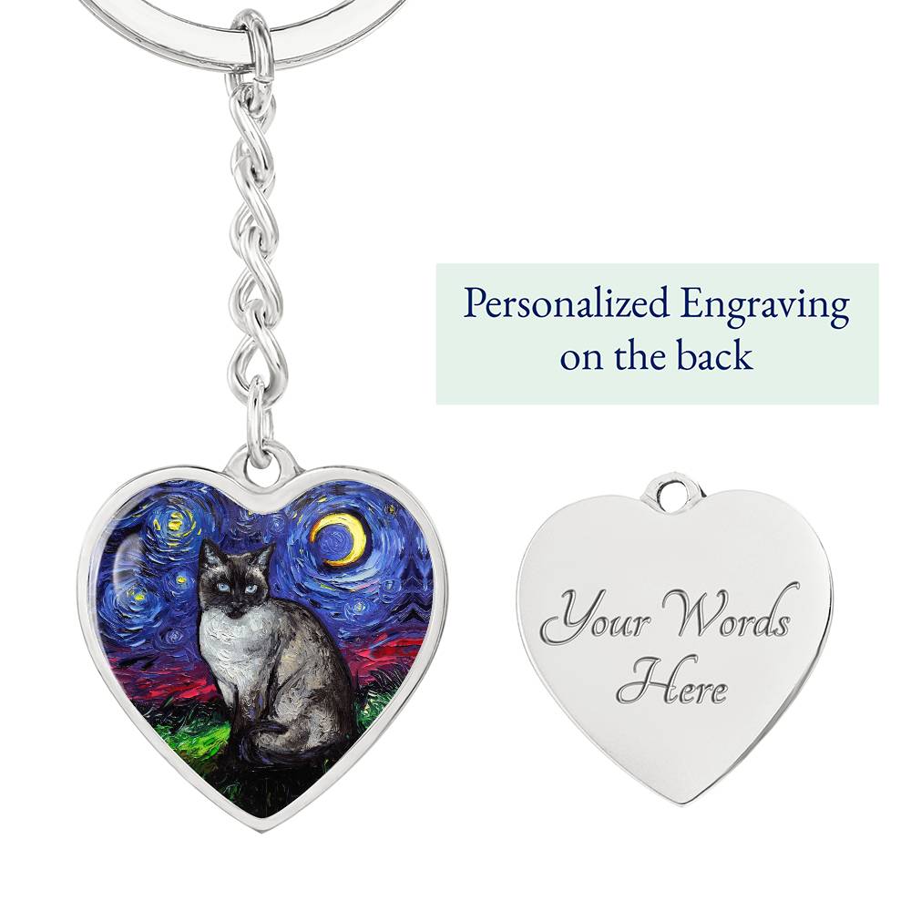 Siamese Cat Starry Night Heart Keychain