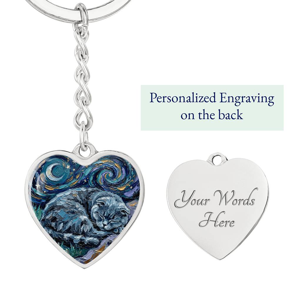 Sleepy Scottish Fold Night Heart Keychain