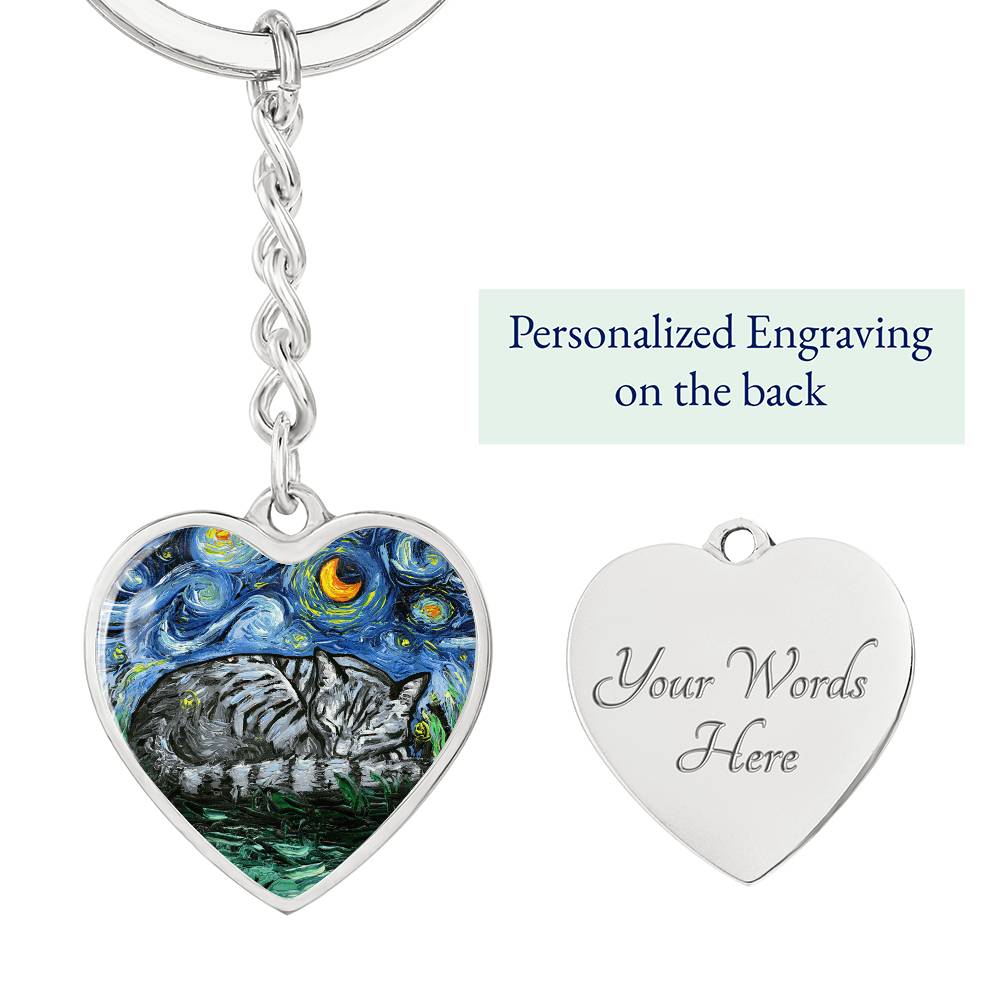 Sleeping Gray Tabby Starry Night Heart Keychain