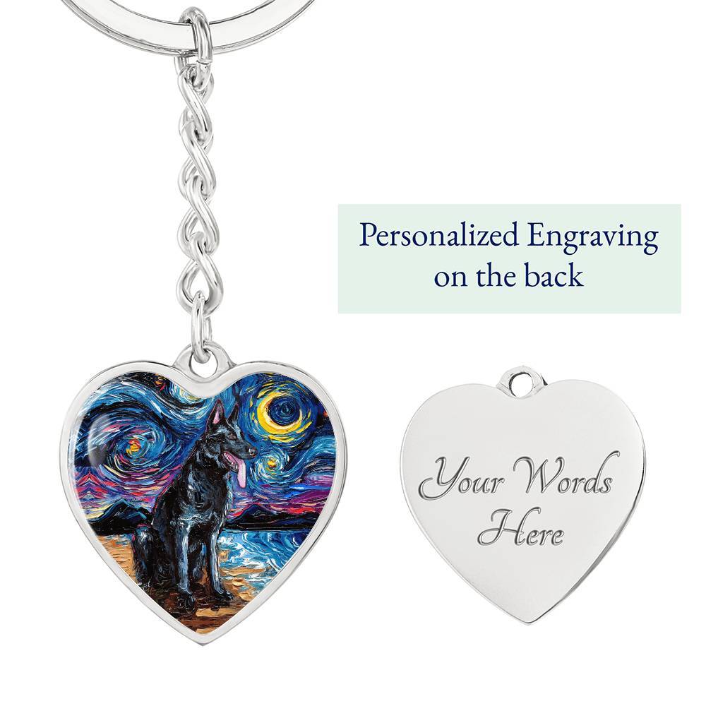 Black German Shepherd Starry Night Heart Keychain