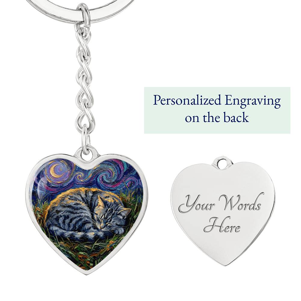 Sleepy American Shorthair Tabby Heart Keychain
