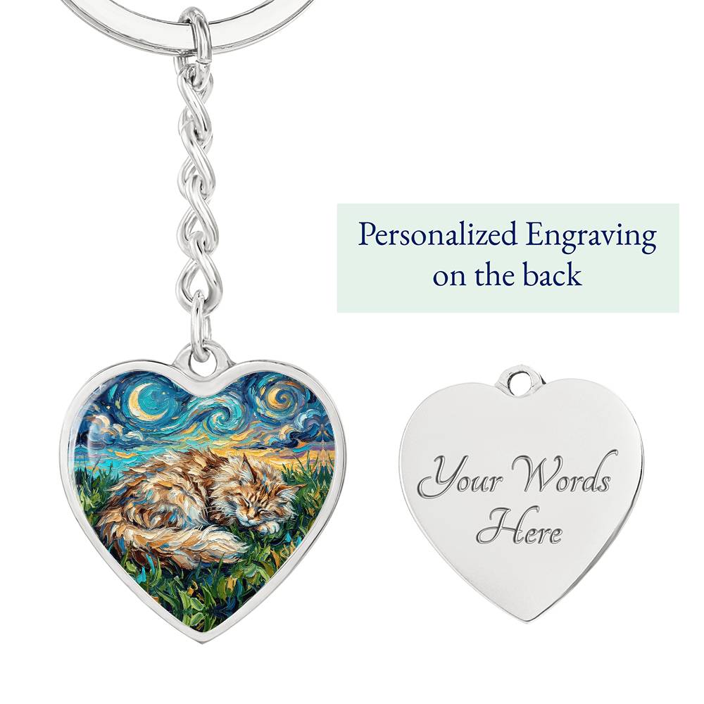 Sleepy Maine Coon Night Heart Keychain