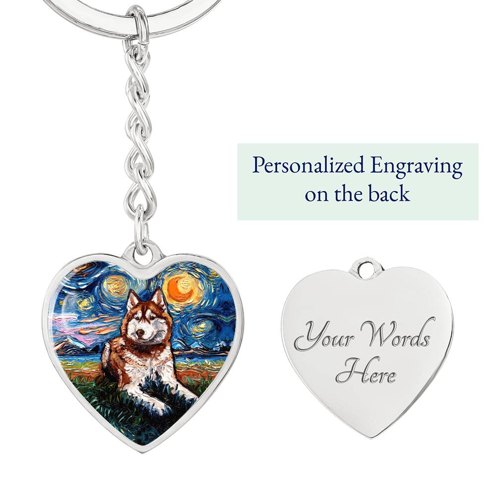Red Husky Starry Night Heart Keychain