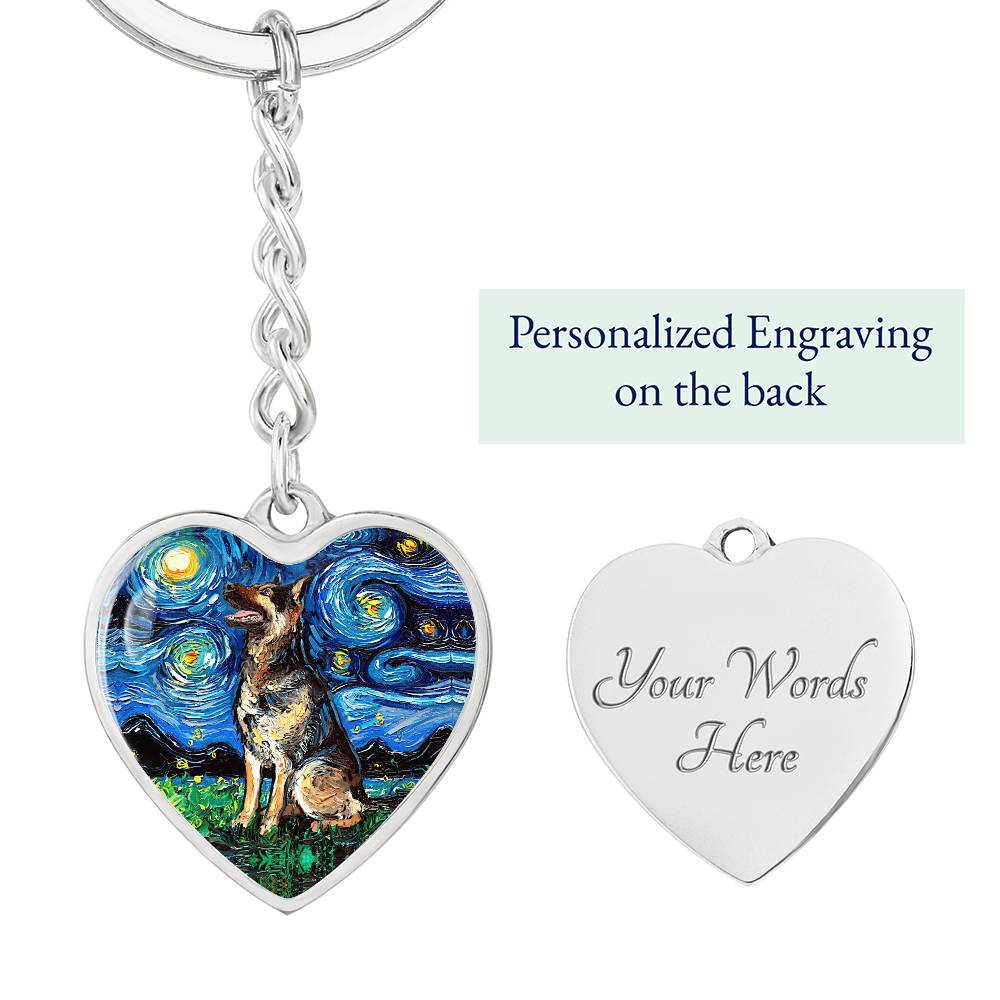 German Shepherd Starry Night Heart Keychain