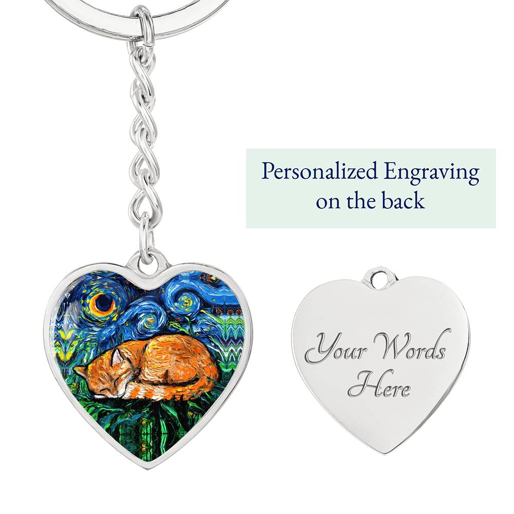 Sleeping Orange Tabby Cat Starry Night Heart Keychain