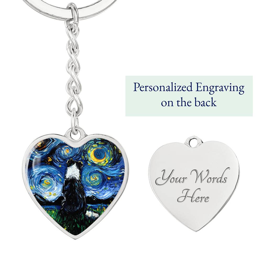 Border Collie Starry Night Heart Keychain