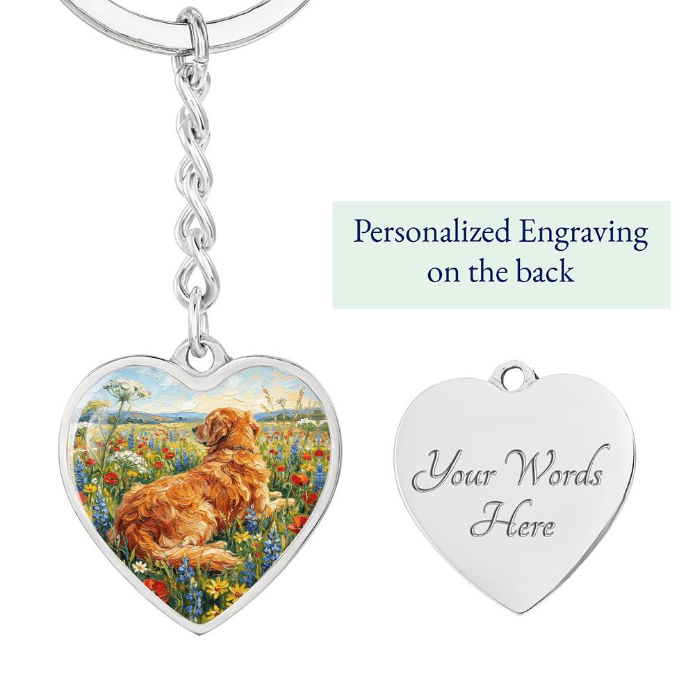 Amongst The Flowers - Golden Retriever Heart Keychain
