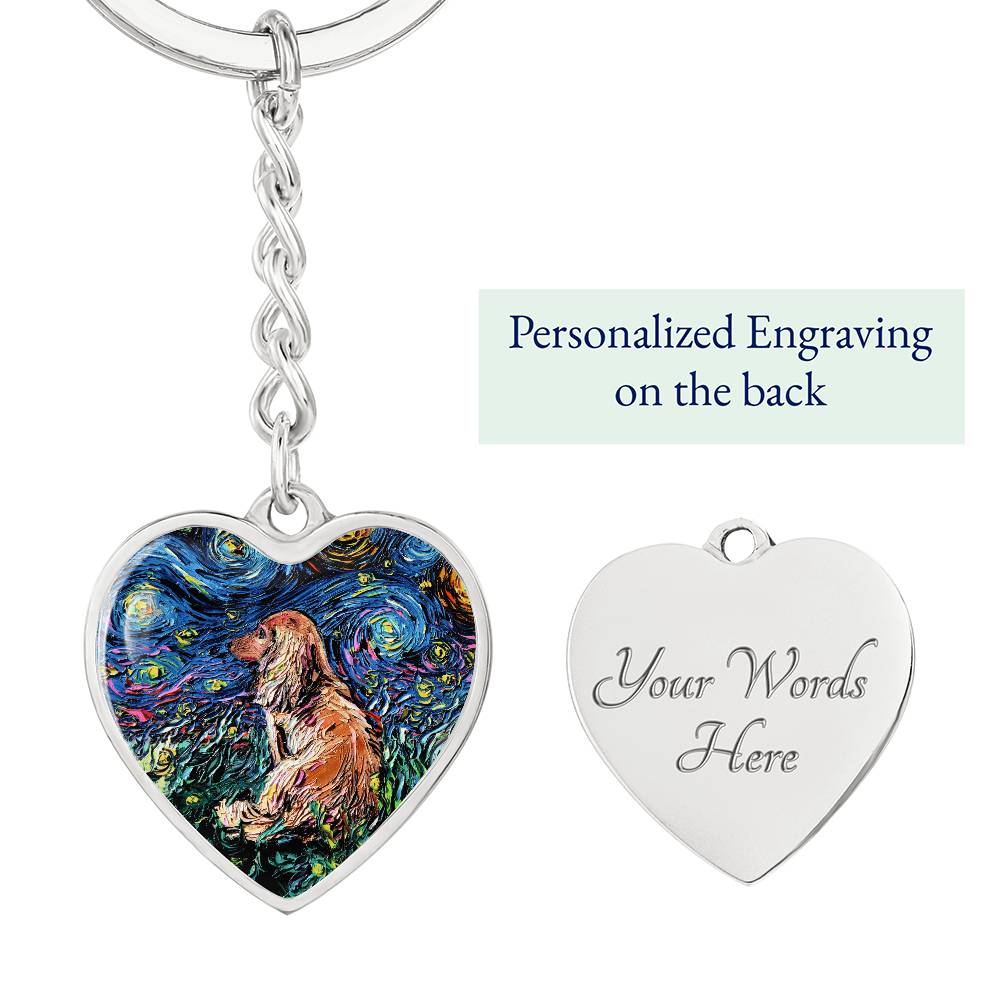Long Hair Brown Dachshund Starry Night Heart Keychain
