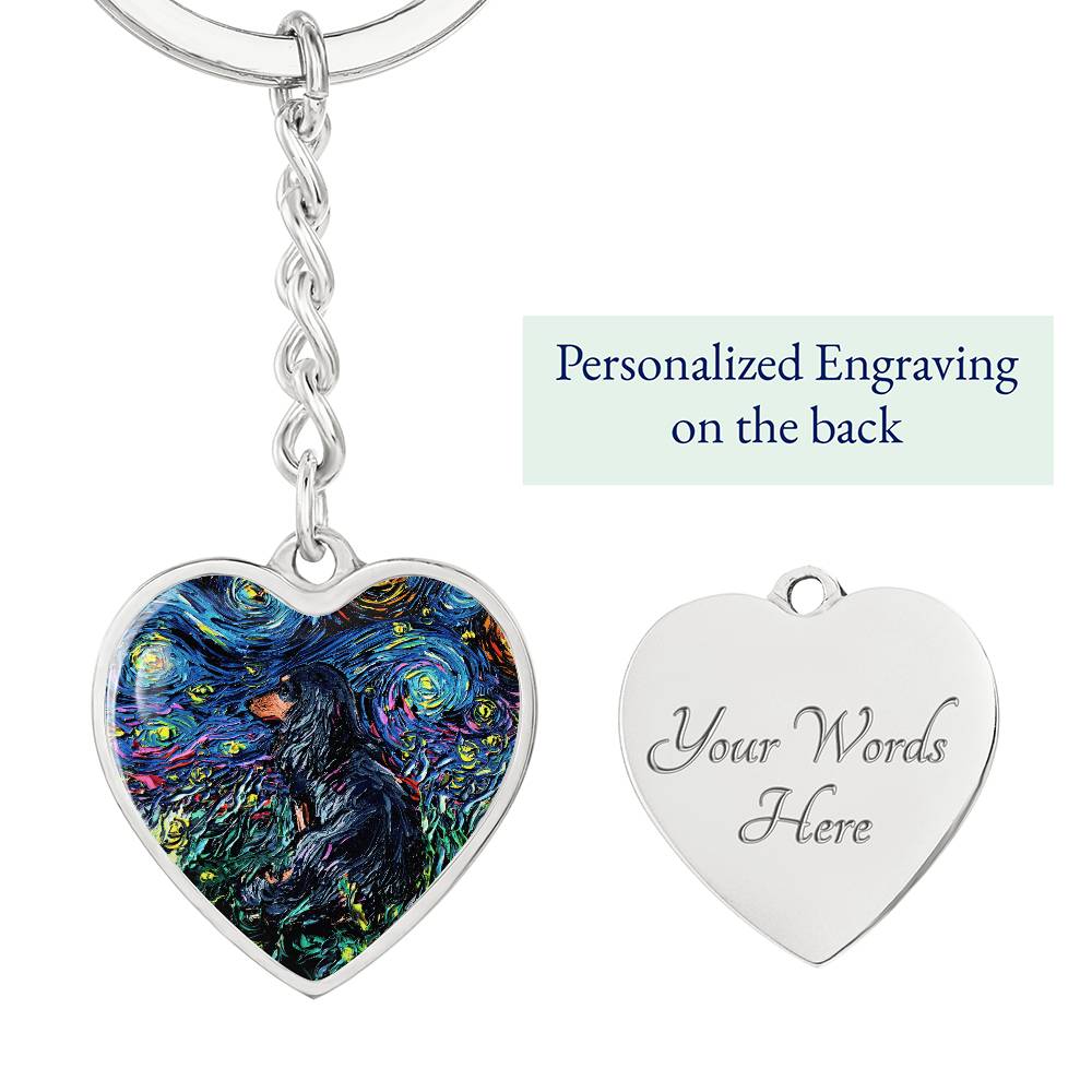 Long Hair Black and Tan Dachshund Starry Night Heart Keychain