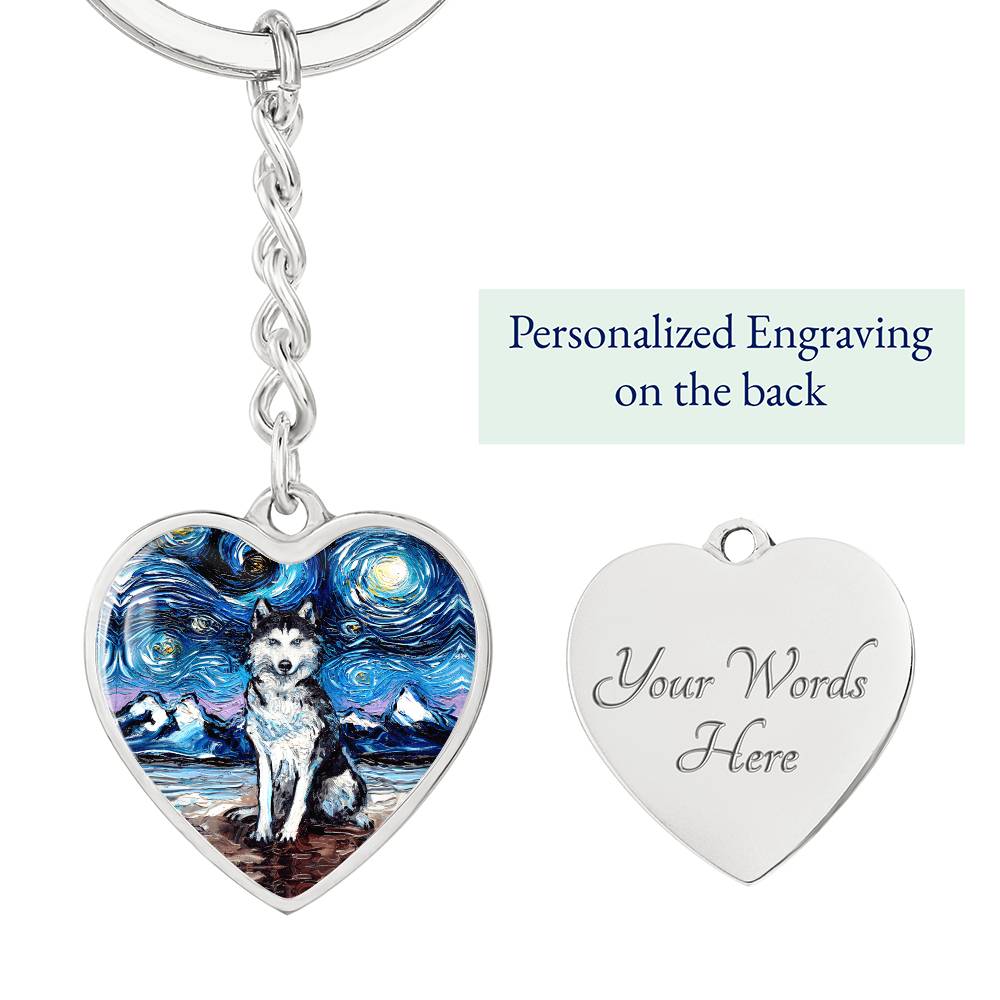 Husky Starry Night Heart Keychain