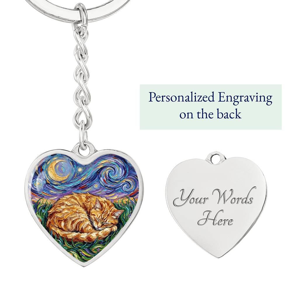 Sleepy Orange Tabby Night Heart Keychain