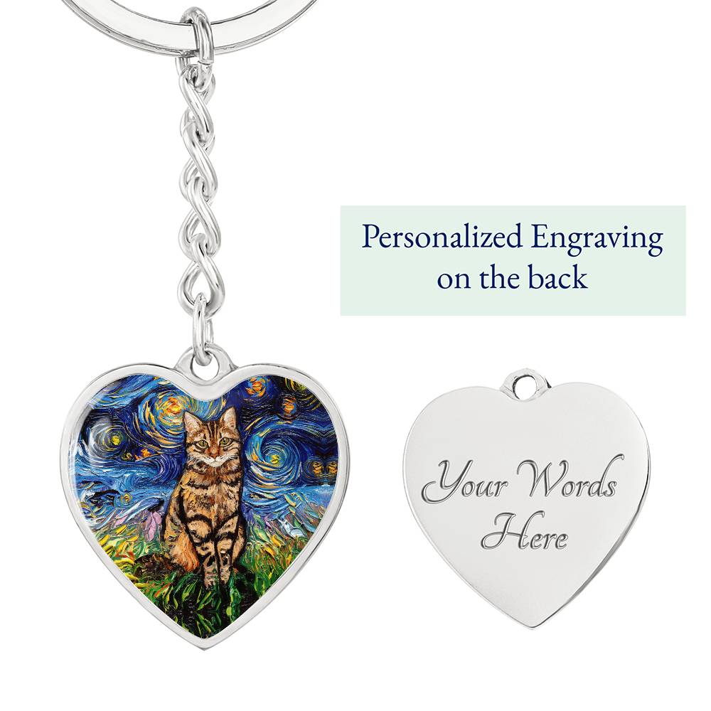 Brown Tabby Starry Night Heart Keychain