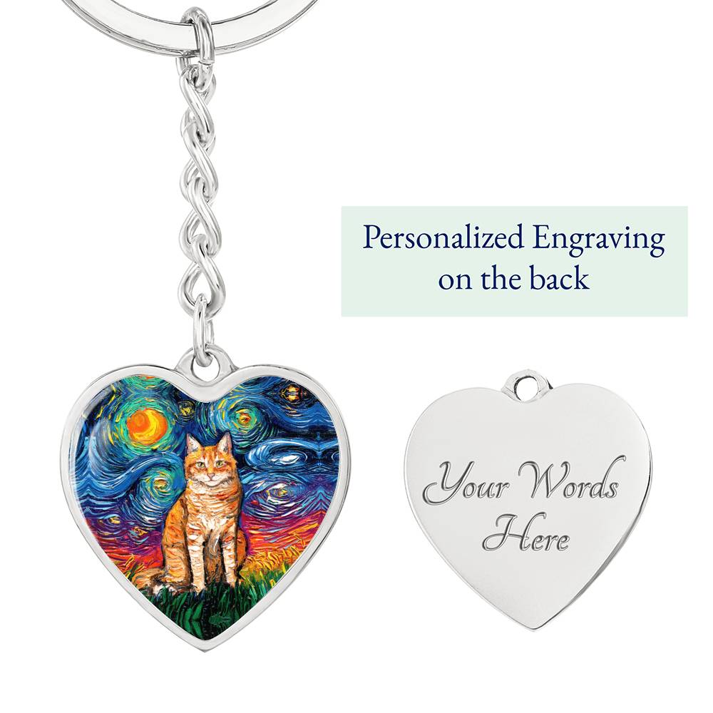 Orange Tabby Cat Starry Night Heart Keychain