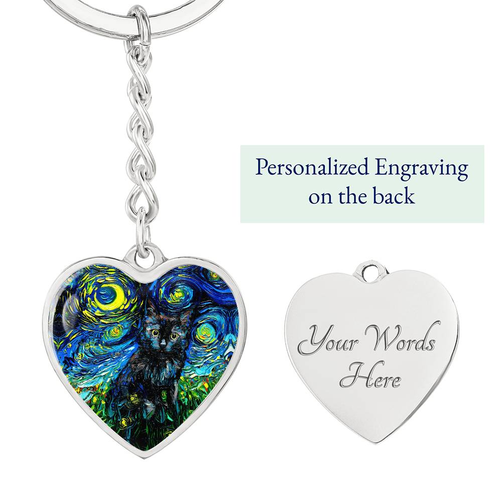 Black Cat Starry Night Heart Keychain