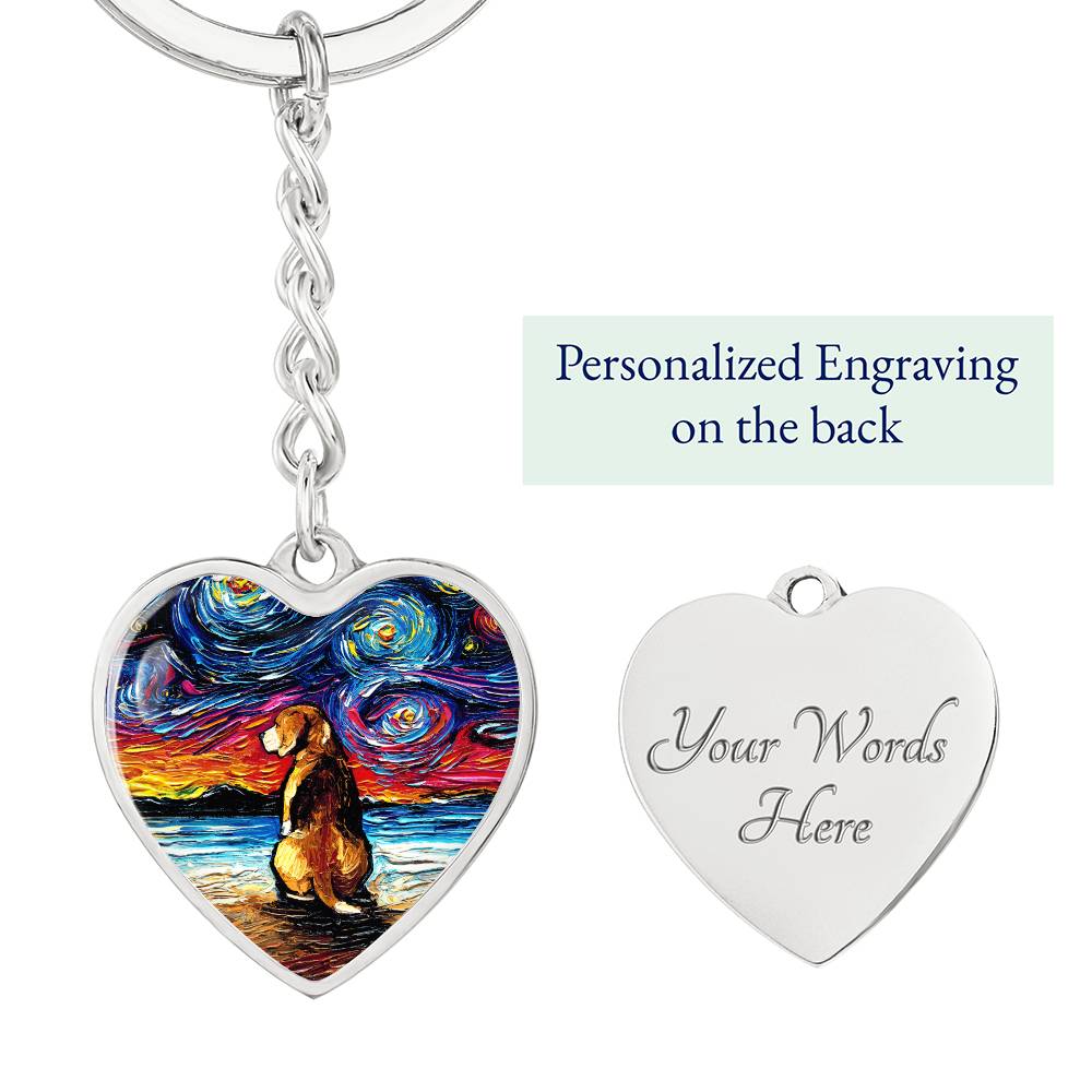 Beagle at the Beach Starry Night Heart Keychain