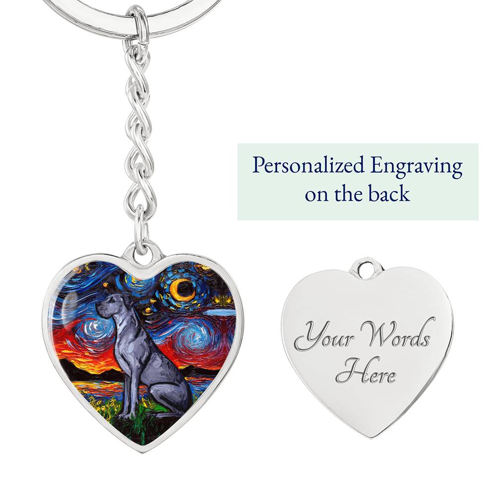 Blue Great Dane Starry Night Heart Keychain