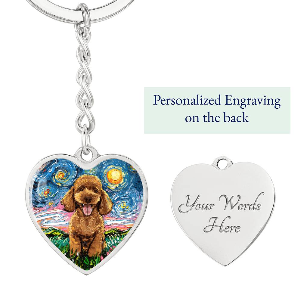 Apricot Poodle Puppy Starry Night Heart Keychain