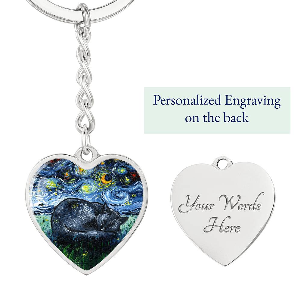 Sleeping Black Cat Starry Night Heart Keychain