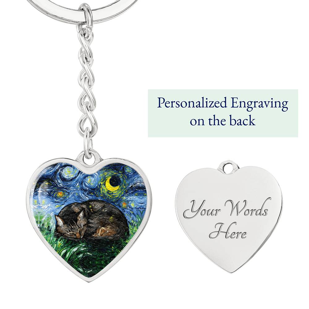 Sleeping Brown Tabby Cat Starry Night Heart Keychain
