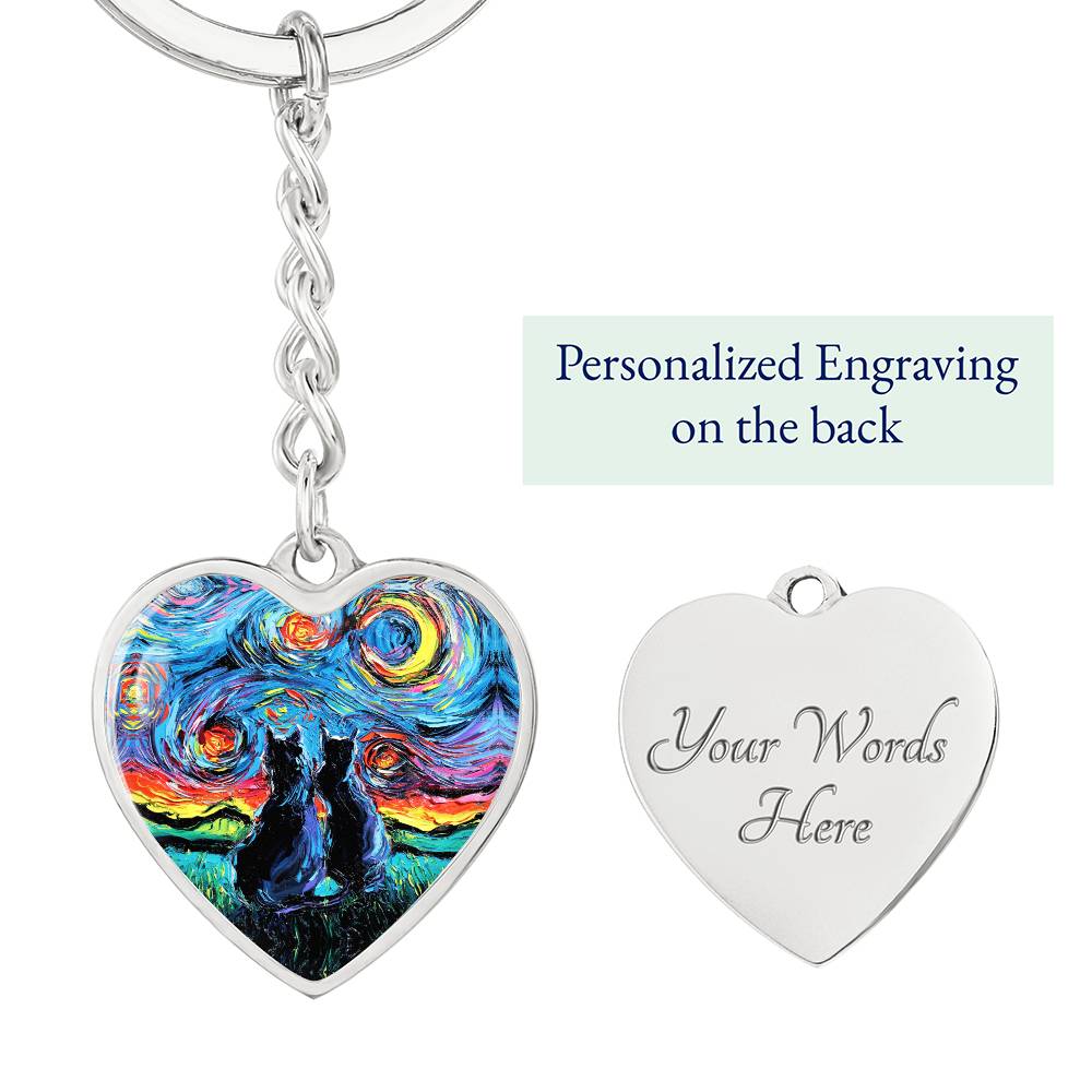 Van Gogh;s Cats Starry Night Heart Keychain