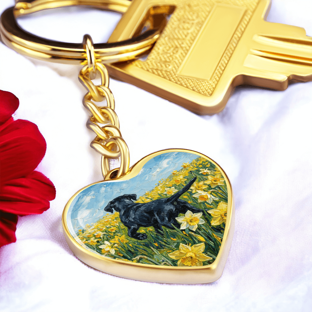Amongst The Flowers - Black Labrador Heart Keychain