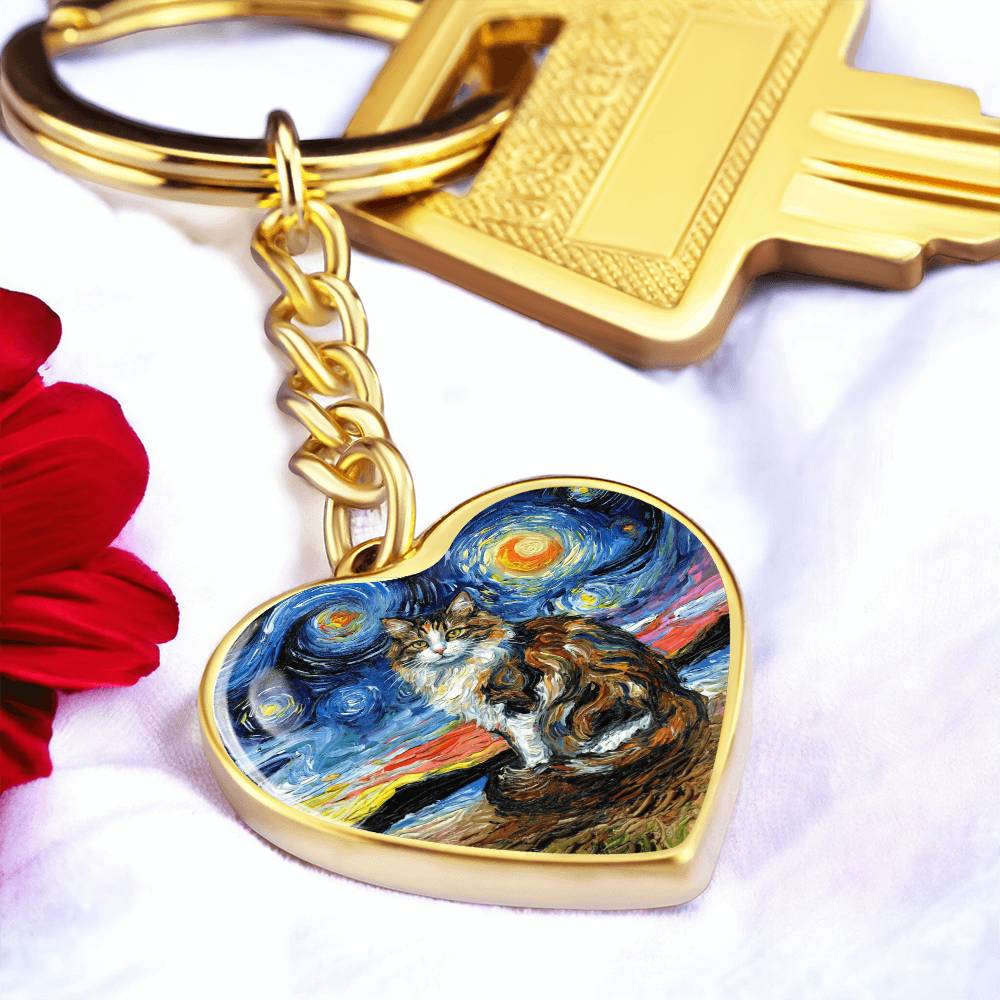 Calico Cat 2 Starry Night Heart Keychain