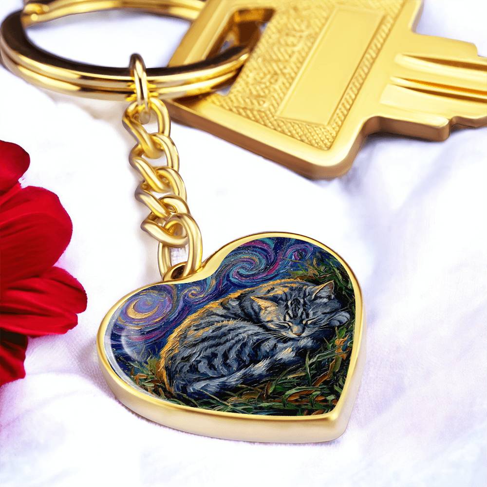 Sleepy American Shorthair Tabby Heart Keychain
