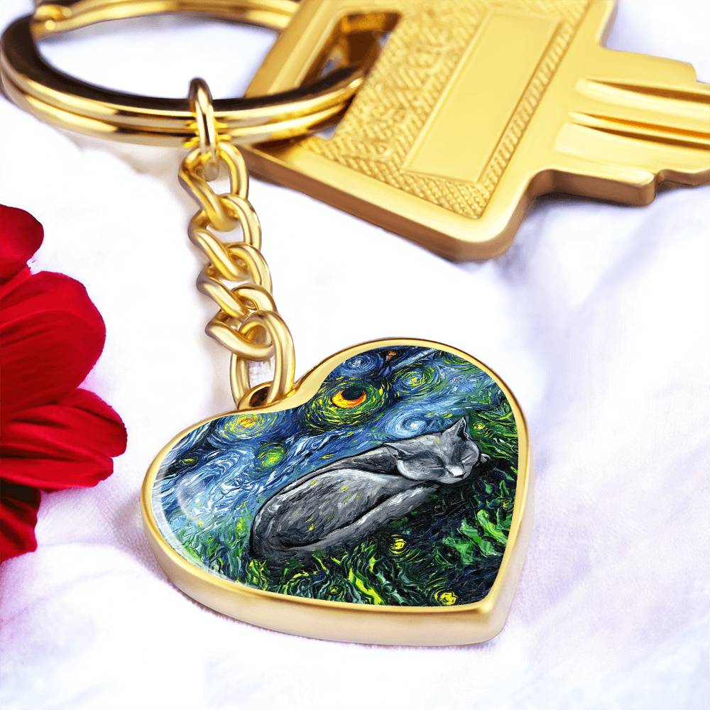Russian Blue Cat Starry Night Heart Keychain