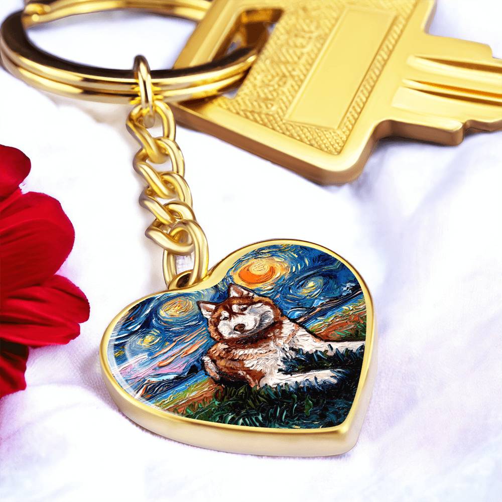 Red Husky Starry Night Heart Keychain